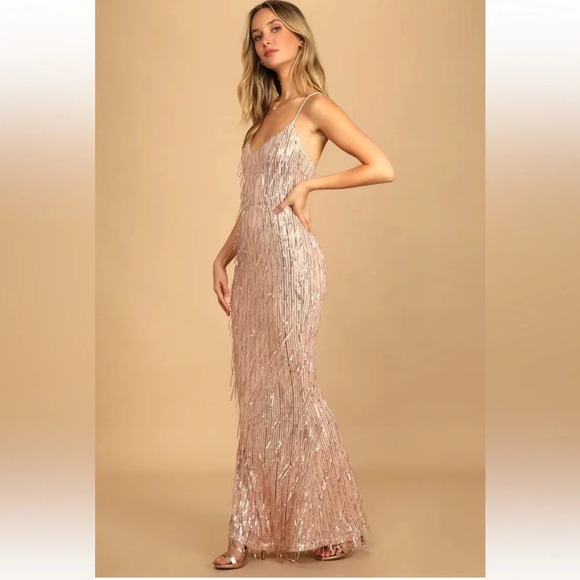 LULUS Endless Festivities Rose Gold Sequin Fringe Lace-Up Maxi Dress Formal Gown - Picture 4 of 13